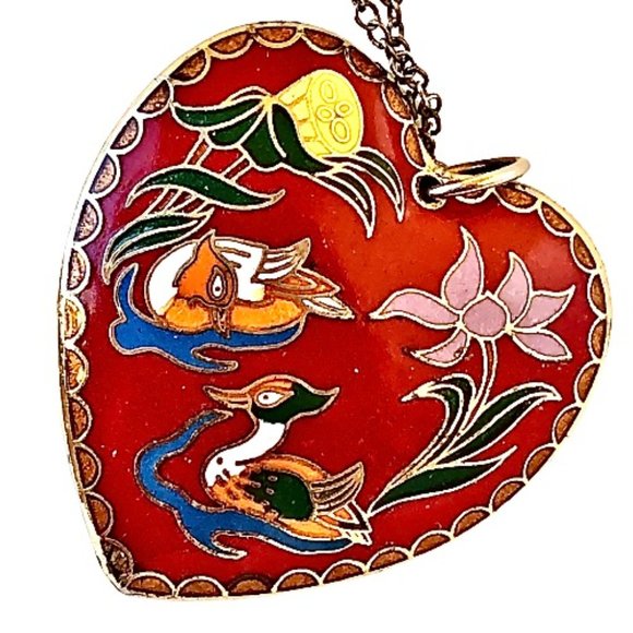 Vintage Cloisonne Large Heart Puffy Double Sided Enamel Pendant Necklace Red Blu - Picture 12 of 16